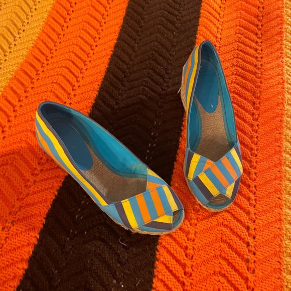 1970s style Y2K ralph lauren striped peep toe wedges! - Picture 1 of 14